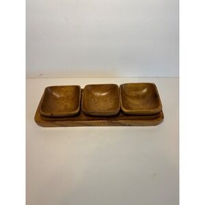 Vintage Monkey Pod Wood Serving Set 4 Piece Tray and 3 Small Bowls Mid Century